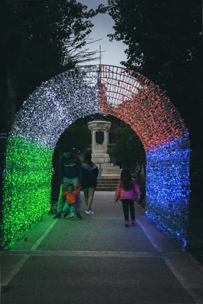 Percorso decorato con luci natalizie per foto